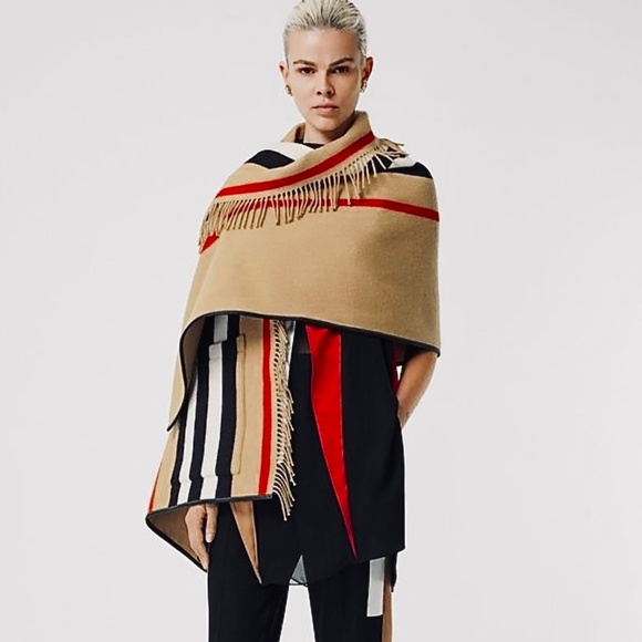 Burberry Wool & Cashmere Blend Icon Stripe Pocket Cape With Leather Trim… - Picture 2 of 15